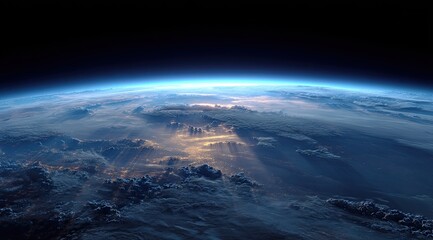 Earth from space, a dramatic vista of clouds, sunrise or sunset rays, and a vibrant blue atmosphere