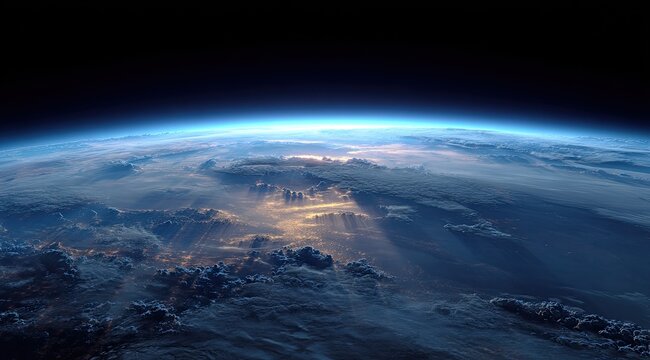 Earth from space, a dramatic vista of clouds, sunrise or sunset rays, and a vibrant blue atmosphere - Powered by Adobe