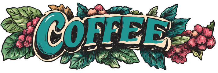 Sch&ouml;ne Vintage Kaffee Schriftzug mit Kaffeebohnen und floral Ornamenten isoliert auf Transparentem Hintergrund
