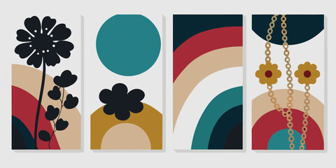 Fototapeta premium Abstract floral and geometric shapes in a modern minimalist art collage with muted earthy tones