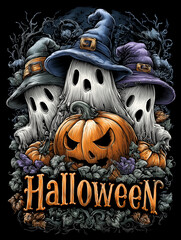 Festive Halloween illustration featuring ghosts, jack-o'-lanterns, and witch hats