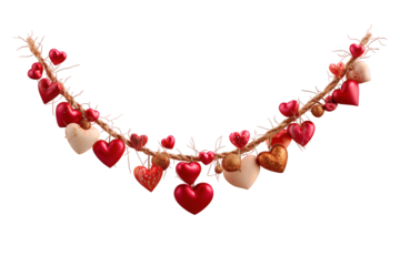 Red and white heart chain with many red hearts hanging from it