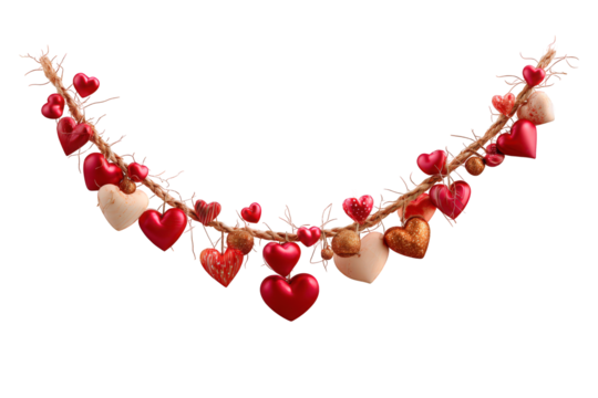 Red and white heart chain with many red hearts hanging from it