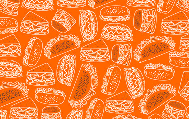 Doodle fast foods seamless pattern. Set of fast foods collection. Doodle fast foods icon. Hand drawn of fast foods pattern. Fast foods pattern background.