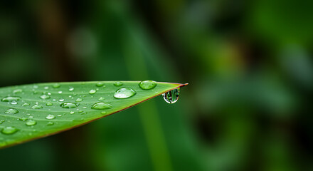 Macro Raindrop on Tip of Banana leaf – Monsoon Nature Closeup	 