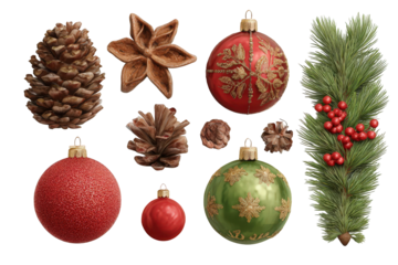 Collection of Christmas ornaments including a green and red ball, a red ball