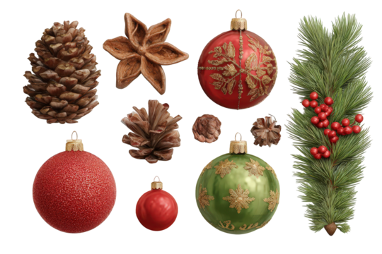 Collection of Christmas ornaments including a green and red ball, a red ball