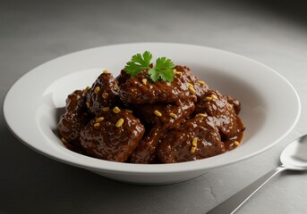 A delectable plate of glazed meat pieces with a garnish of parsley sits elegantly on a table top