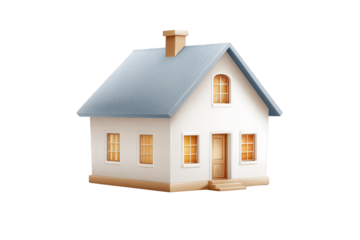 White house with a blue roof and a chimney