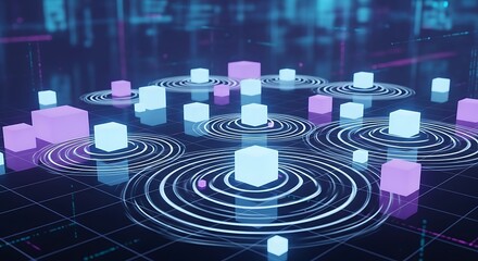 Abstract network visualization with glowing cubes and concentric circles on a grid