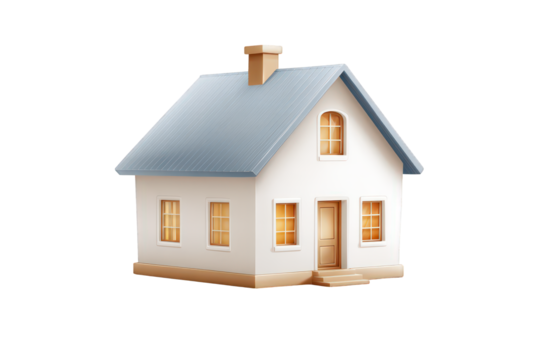 White house with a blue roof and a chimney - Powered by Adobe