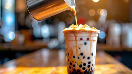 A close-up of milk tea being poured into a cup of boba tea, creating a swirling mixture of milk and brown sugar, captured in a slow forward panning cinematic shot with dramatic lighting bubble tea - Powered by Adobe