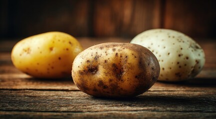 Three potatoes on a rustic wooden surface.  Close-up view of  varied colored spuds