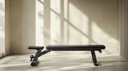 Minimalist weight bench in a modern gym setting with natural light and shadows.