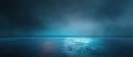 The misty blue horizon creates a moody atmosphere with a subtle glow reflecting off the damp concrete floor in a minimalist composition.
