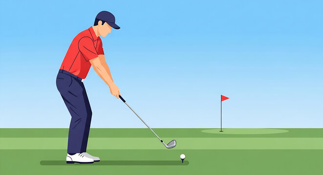 Vector illustration of a man playing golf, concentrating on his swing for the perfect shot on the green - Powered by Adobe