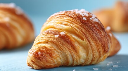 Close-up of golden-brown croissant with flaky layers and sea salt