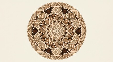 Geometric mandala pattern in shades of brown and beige creating a symmetrical and calming abstract design element