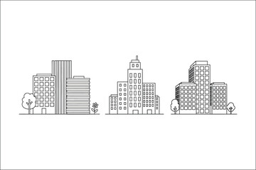 Simple line art cityscape with buildings trees and a flower architecture urban