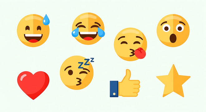 Colorful collection of flat design emoticons and social media reaction icons for digital communication. Vector graphic illustration set