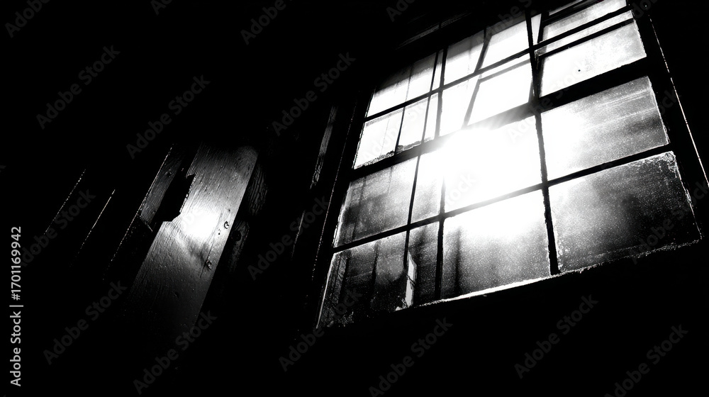 Wall mural dramatic black and white image of window with sunlight streaming through, casting shadows and creati