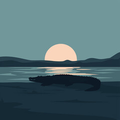 Fototapeta premium Minimalist Vector Illustration of Crocodile Silhouette in Sunset Scene in Cool Blue Tones