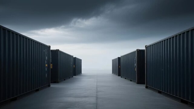 Rows of dark shipping containers stretch into a hazy distance under a dramatic, cloudy sky, creating a powerful perspective. Ideal for themes of global logistics, trade, industry, and the environment.