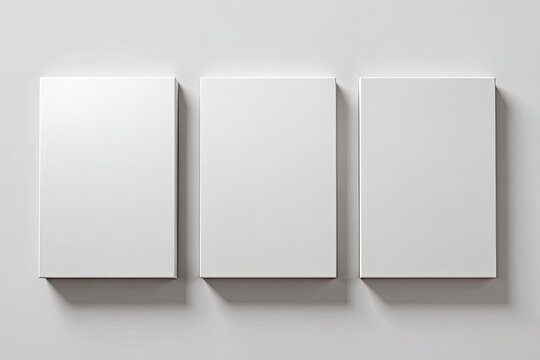 Three blank, white rectangles, like canvases or boxes, displayed on a light gray wall