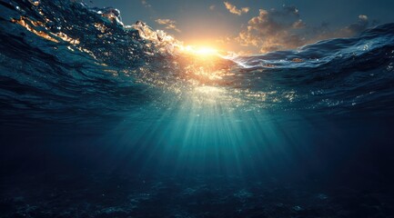 Sunbeams pierce deep ocean depths.  Vast underwater scene with sunlight rays