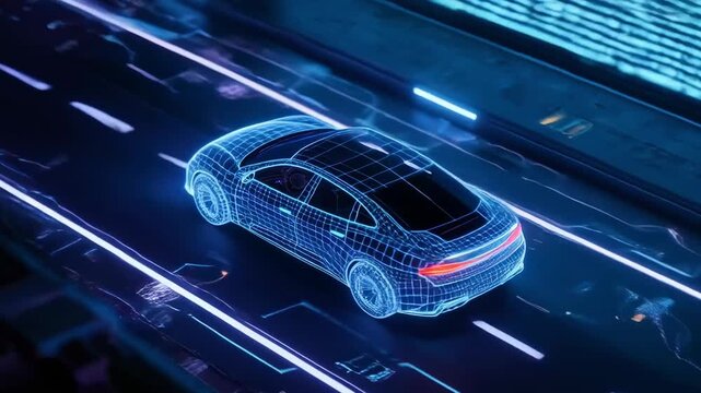 Futuristic wireframe car driving on a digital highway, representing advanced technology, AI, autonomous vehicles, and smart urban mobility. Perfect for tech, innovation, and transport concepts.