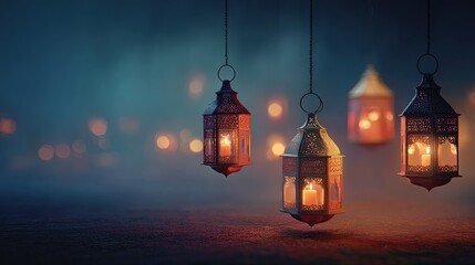 Three ornate hanging lanterns, illuminated by candles, in a misty night scene