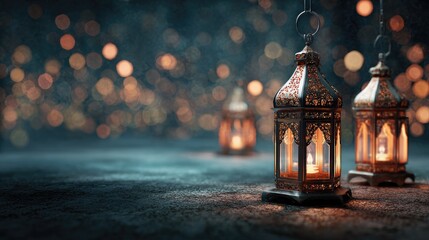 Ornate lanterns, warm glow, blurred background
