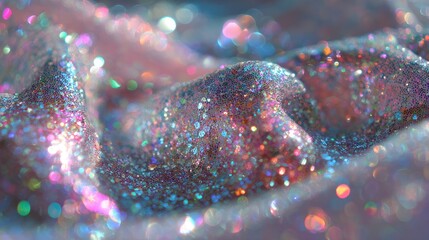 Close-up of shimmering fabric with iridescent glitter.  Soft, pastel colors blend in flowing, textured folds