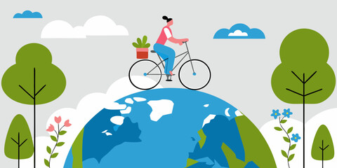 Obraz premium Woman riding a bicycle on top of the earth with trees and flowers around her