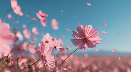 Pink cosmos flowers in a field, soft focus, light blue sky, petals falling