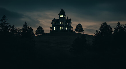 Fototapeta premium Haunted mansion on hill with glowing windows background