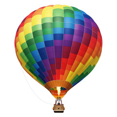 Naklejka premium hot air balloon floating in sky with colorful striped pattern, basket with sandbags and burner flame, peaceful aerial adventure isolated on transparent background PNG