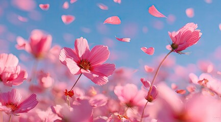 Pink cosmos flowers in a field, petals falling