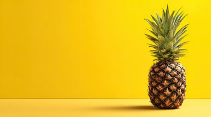 Single pineapple against a vibrant yellow background