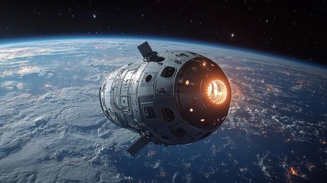 Spacecraft orbiting Earth, engine firing.