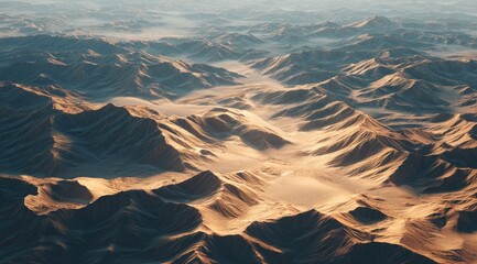 High-angle view of a vast desert landscape.  Mountain ranges, canyons, and valleys stretch across a golden-sand expanse