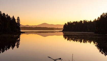 Serene Sunrise Over Calm Lake with Mountain Reflections