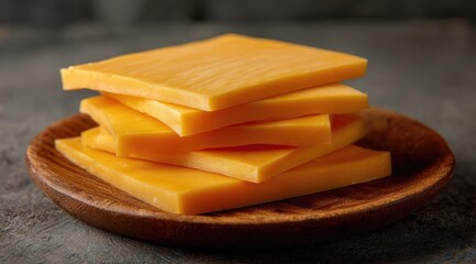 Stacked slices of cheddar cheese on a wooden plate