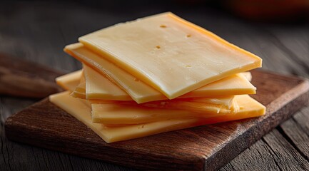 Stack of cheese slices on wooden board