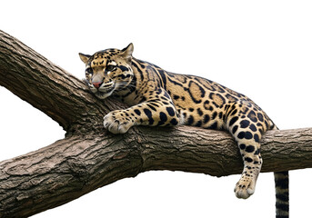Relaxing moments of an ocelot perched gracefully on a tree branch, showcasing its beautiful patterned coat in a peaceful natural setting, creating a captivating image