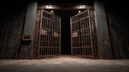 Ancient prison gates stand open, revealing dark, eerie interior. rusted metal and worn surfaces evoke sense of history and mystery, inviting curiosity about stories held within