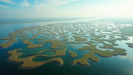 Naklejka premium Aerial View Green Islands Teal Water Abstract Landscape