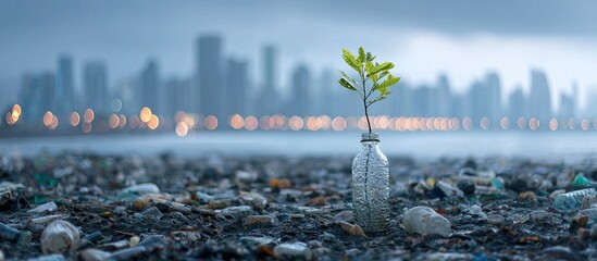 A small green sprout in a clear plastic bottle, stands amidst a littered shoreline, with a cityscape in the background