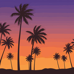 Obraz premium Vector Silhouette of Palm Trees Sunset Landscape in Modern Minimalist Style with Vibrant Gradient Colors