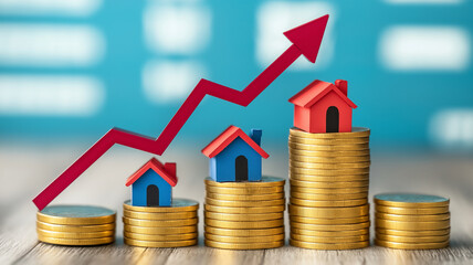 Stacks of golden coins with miniature houses on top symbolize real estate growth, with red upward arrow indicating increasing property value. background is blurred, enhancing focus on concept